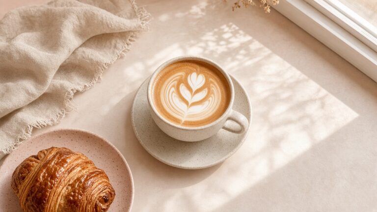 Morning latte and pastry flat-lay