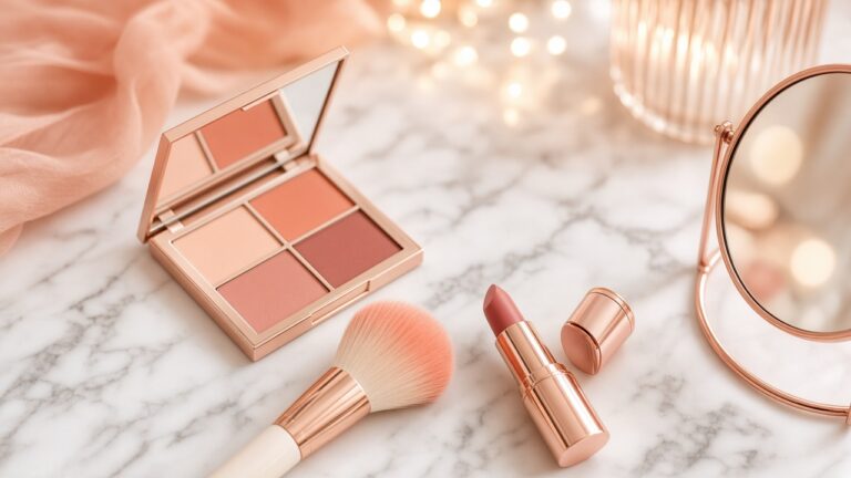 Soft glam makeup flat-lay