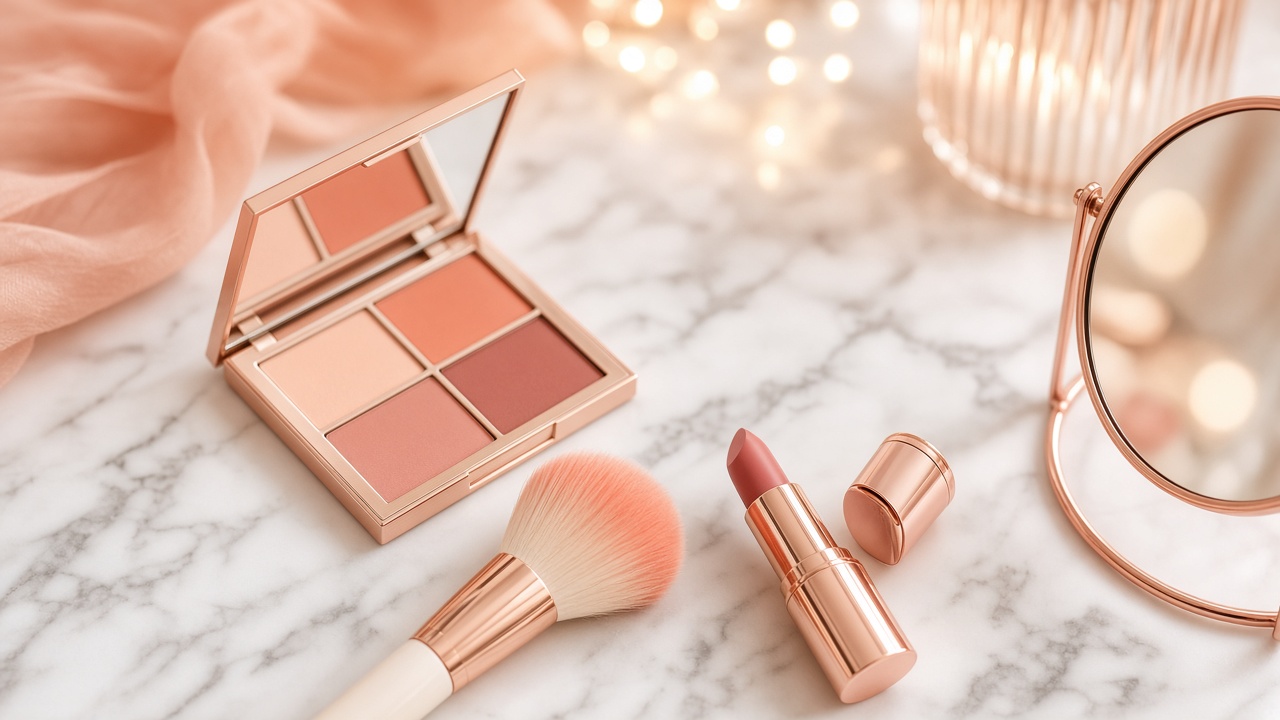 Soft glam makeup flat-lay