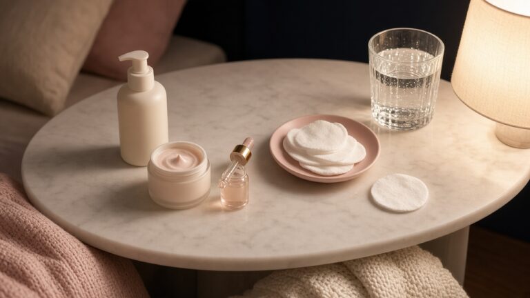 Evening skincare routine flat-lay