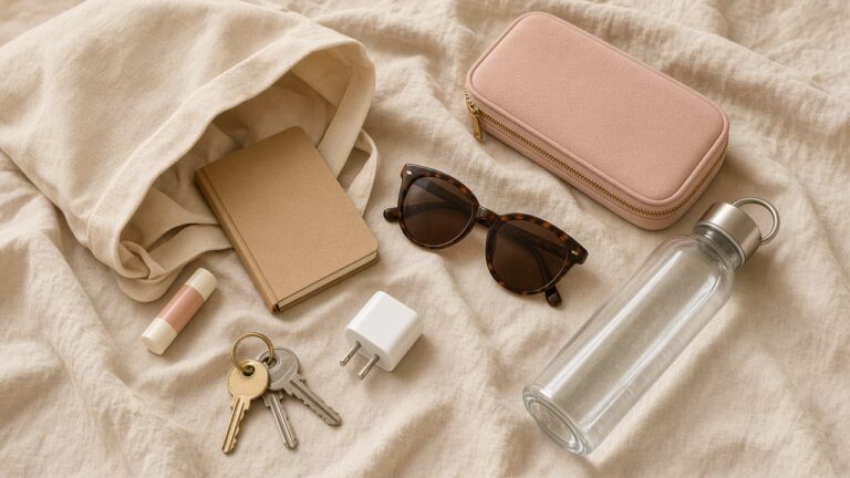 Everyday tote bag essentials flat-lay