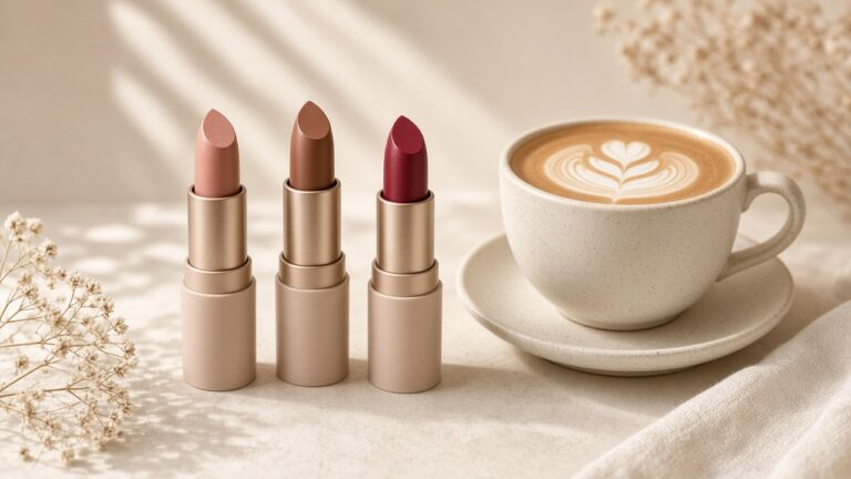 Lipsticks with latte flat-lay